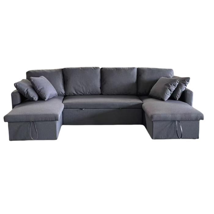 MAHÉ - Canapé panoramique convertible avec coffre 4 places en tissu - gris foncé
