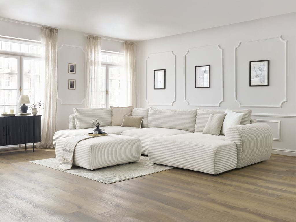 Produit similaire: Canapé panoramique convertible coffre LUCIEN gros côtelé doux avec pouf beige angle droit BOBOCHIC 6 places