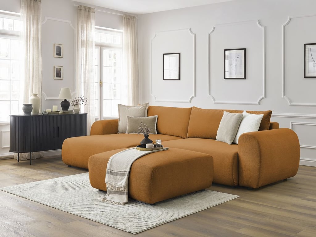 Produit similaire: Canapé d'angle convertible coffre LUCIEN tissu lisse avec pouf jaune angle gauche BOBOCHIC 5 places