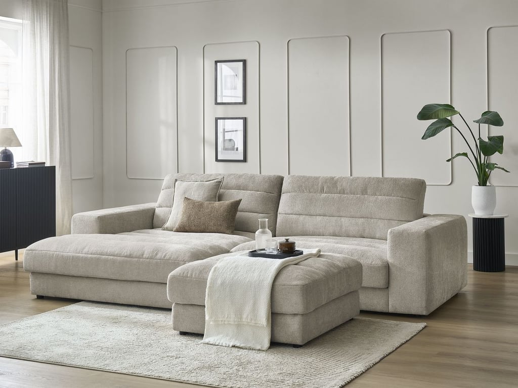 Produit similaire: Canapé d'angle fixe SIERRA tissu texturé avec pouf taupe angle gauche BOBOCHIC 4 places