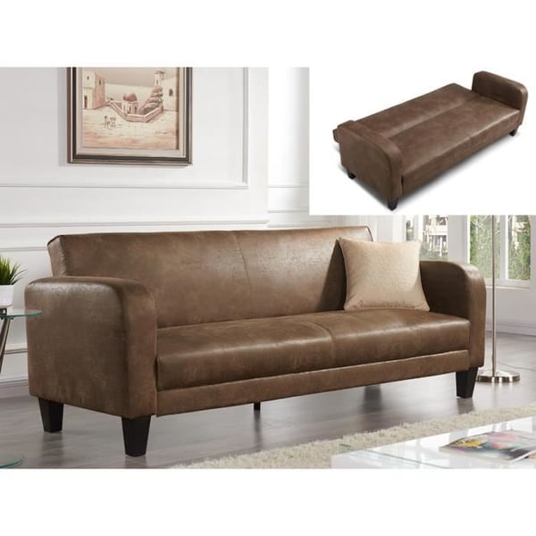 Canapé convertible INICIO - MARQUE - 3 places - Style vintage - Microfibre aspect cuir vieilli