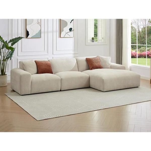 Tirono - Canapé angle droit en velours côtelé beige Déhoussable - 6 places