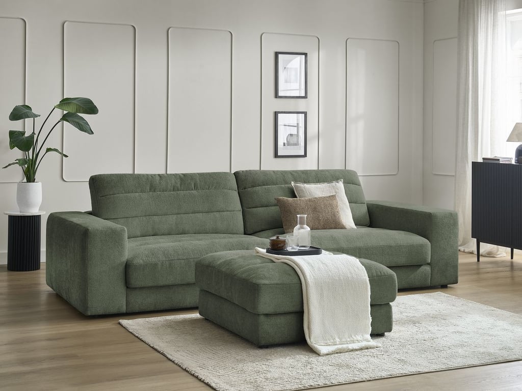 Produit similaire: Canapé droit fixe 3 places SIERRA tissu texturé avec pouf vert foncé BOBOCHIC