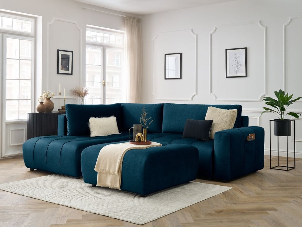 Produit similaire: Canapé d'angle L convertible coffre ARSENE tissu velours avec pouf bleu angle gauche BOBOCHIC 4 places