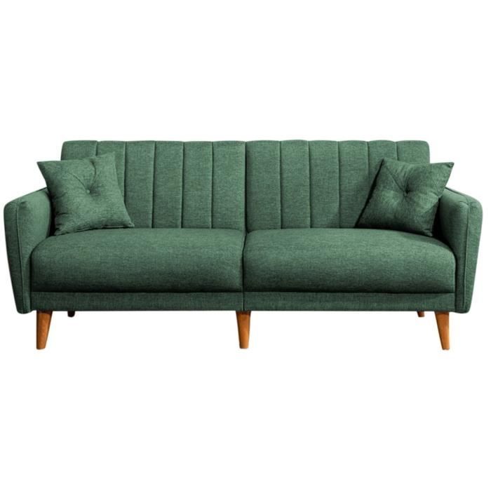 Produit similaire: Canapé lit 3 places tissu lin vert et pieds bois naturel Shekal