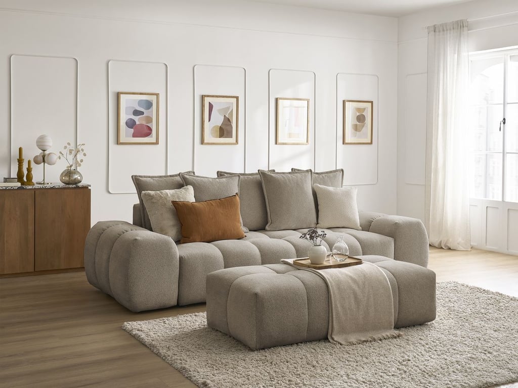 Produit similaire: Canapé droit convertible coffre EVEREST tissu chiné avec pouf taupe BOBOCHIC 3 places