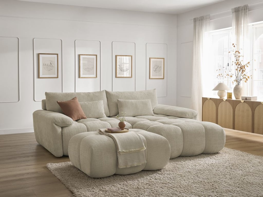 Canapé d'angle fixe IVANE tissu texturé avec pouf beige  angle droit BOBOCHIC 4 places