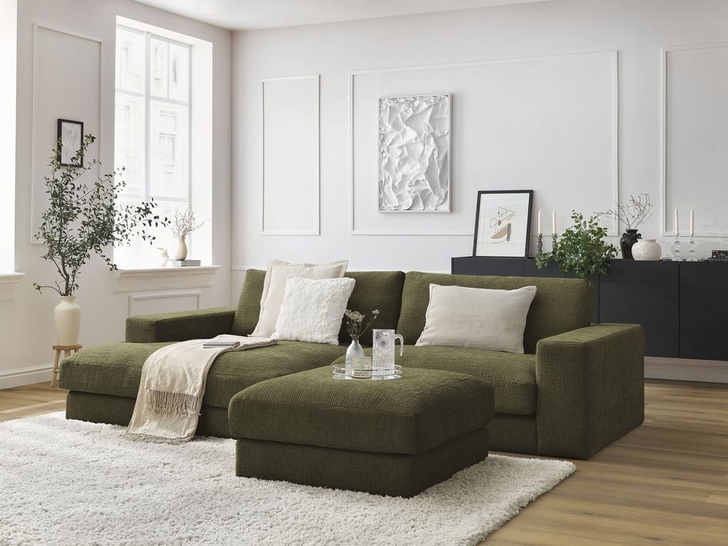 Produit similaire: Canapé d'angle fixe LEONARD tissu texturé avec pouf vert angle gauche BOBOCHIC 5 places