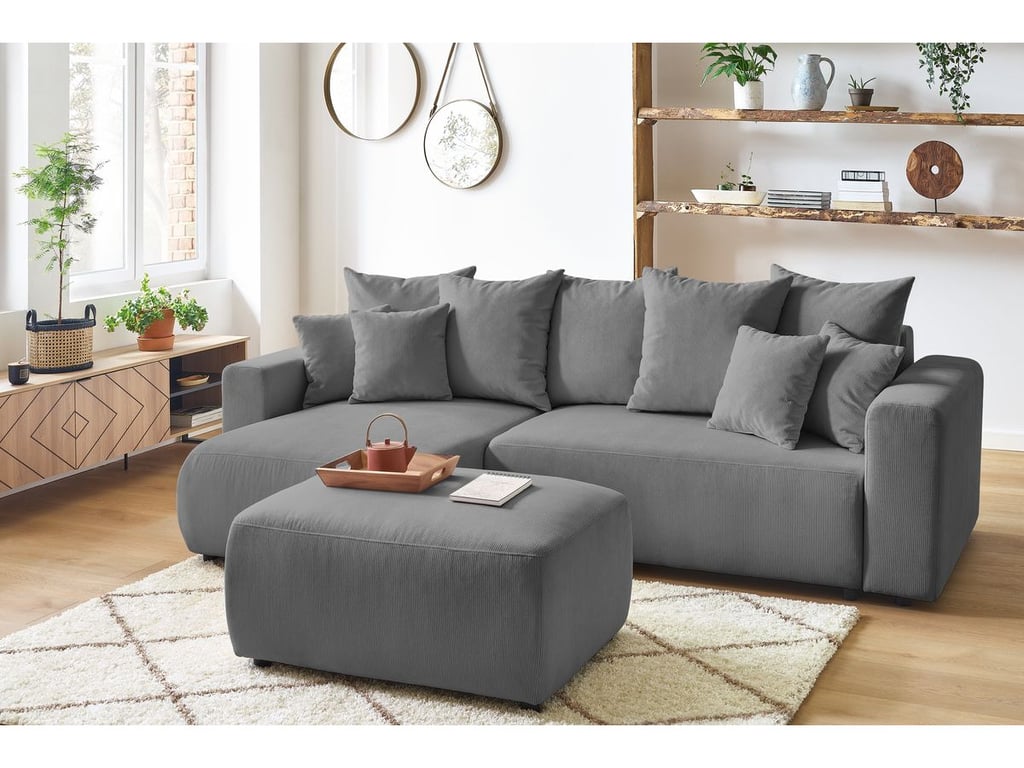 Produit similaire: Canapé d'angle réversible convertible coffre ENVY velours côtelé avec pouf gris foncé BOBOCHIC 4 places