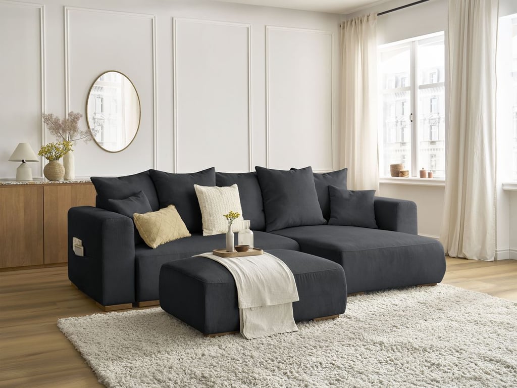 Produit similaire: Canapé d'angle convertible réversible coffre SIDONIE velours côtelé avec pouf noir BOBOCHIC 4 places