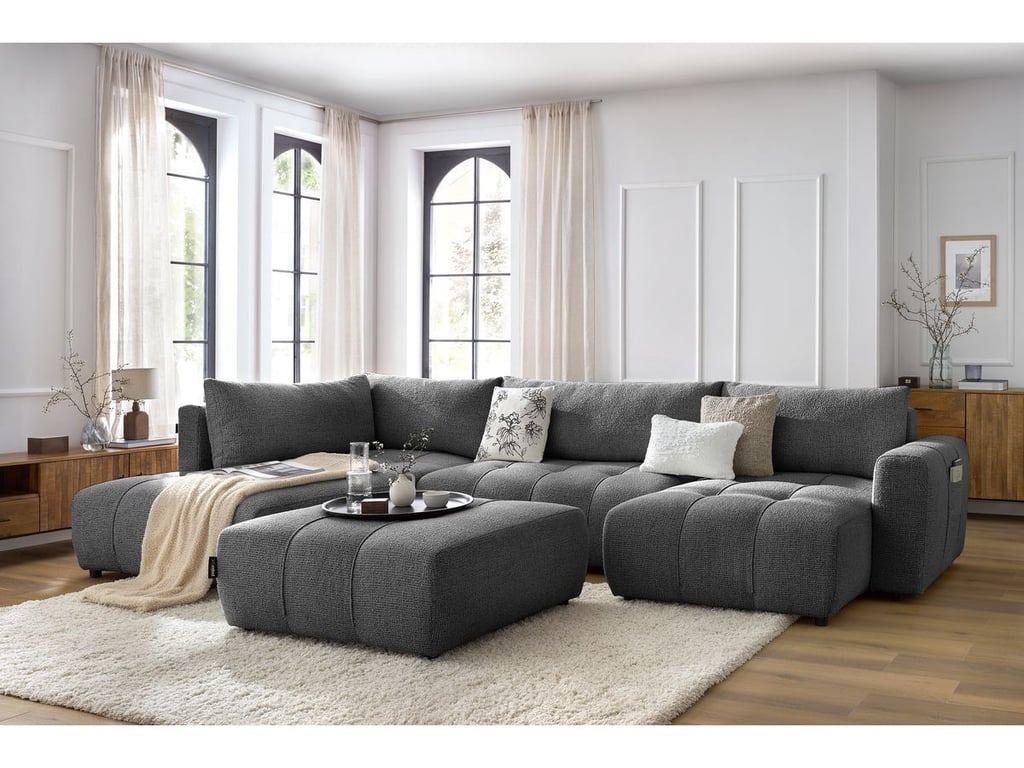 Produit similaire: Canapé panoramique convertible coffre ARSENE avec pouf gris foncé angle droit BOBOCHIC 6 places