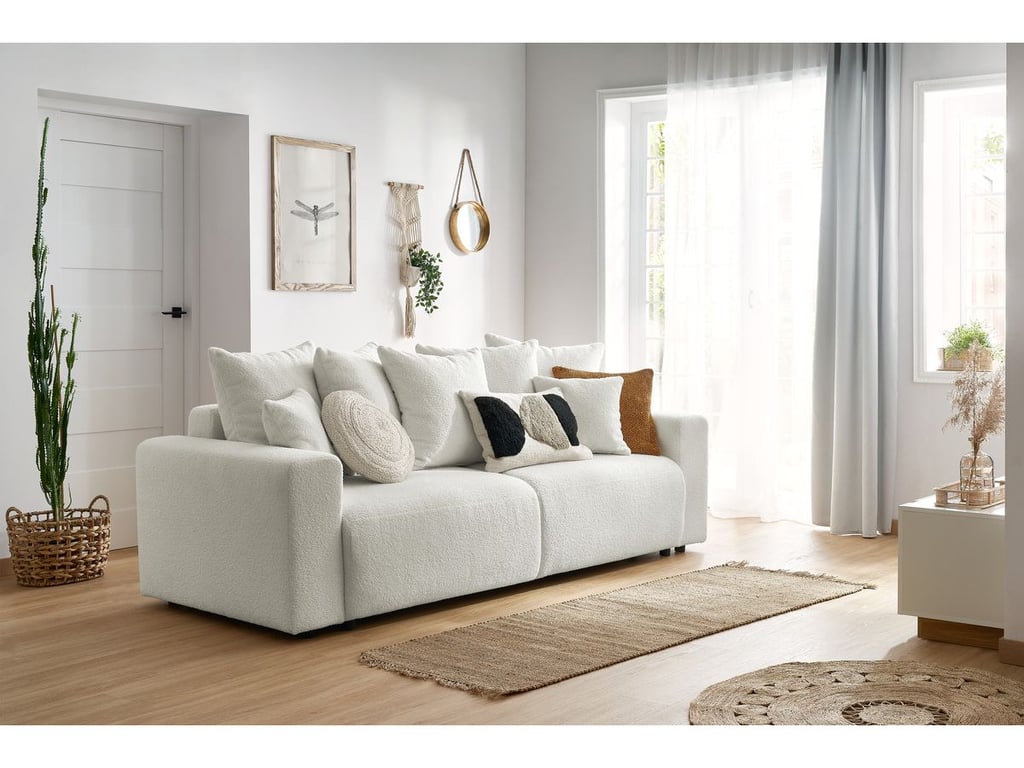 Produit similaire: Canapé droit convertible coffre ENVY tissu bouclette doux blanc BOBOCHIC 3 places