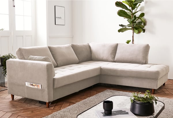 Anna - Canapé d'angle droit convertible 5 places Velours Beige