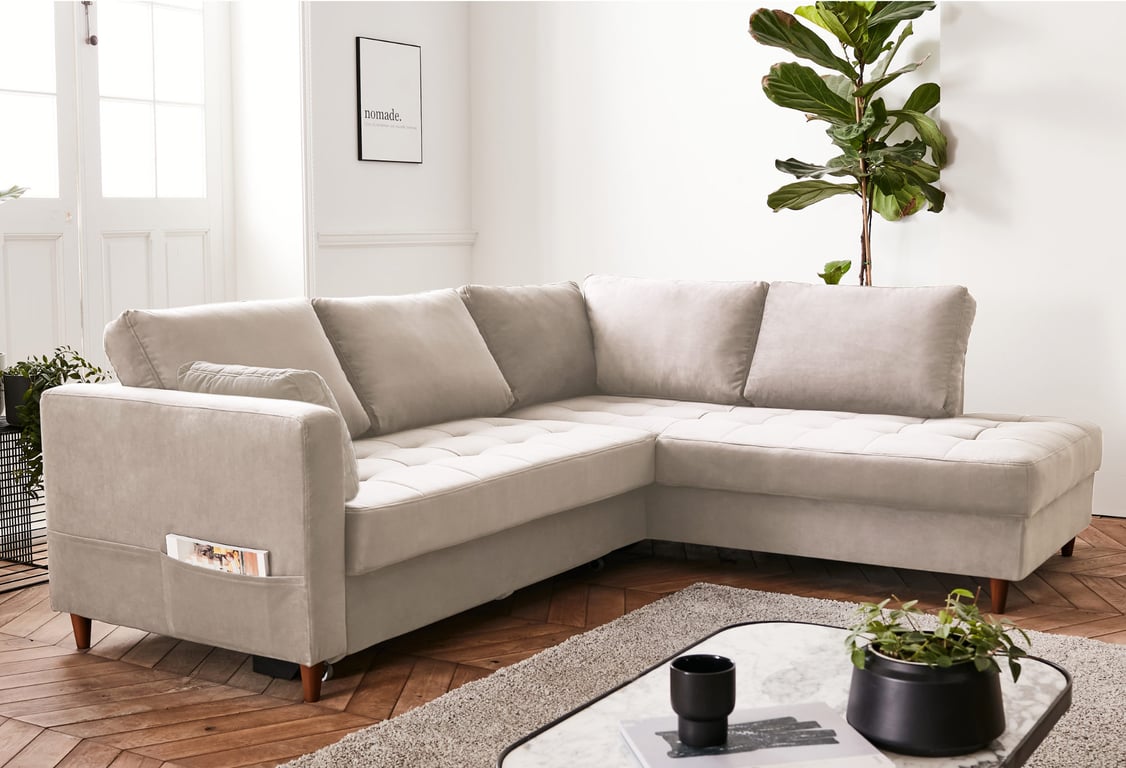 Produit similaire: Anna - Canapé d'angle droit convertible 5 places Velours Beige