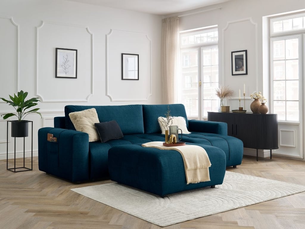 Produit similaire: Canapé d'angle réversible convertible coffre ARSENE tissu velours avec pouf bleu BOBOCHIC 4 places