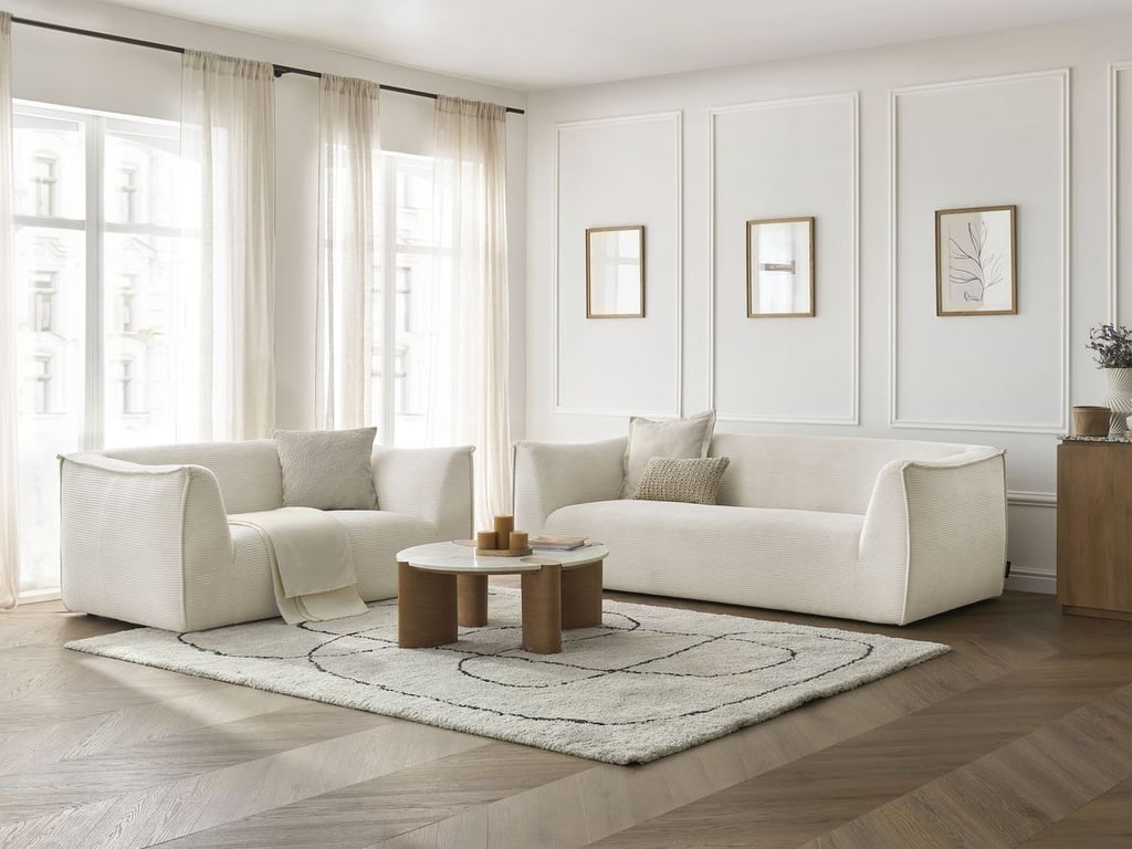 Ensemble canapé droit fixe 3 + 2 places GIORGIA velours côtelé beige   BOBOCHIC