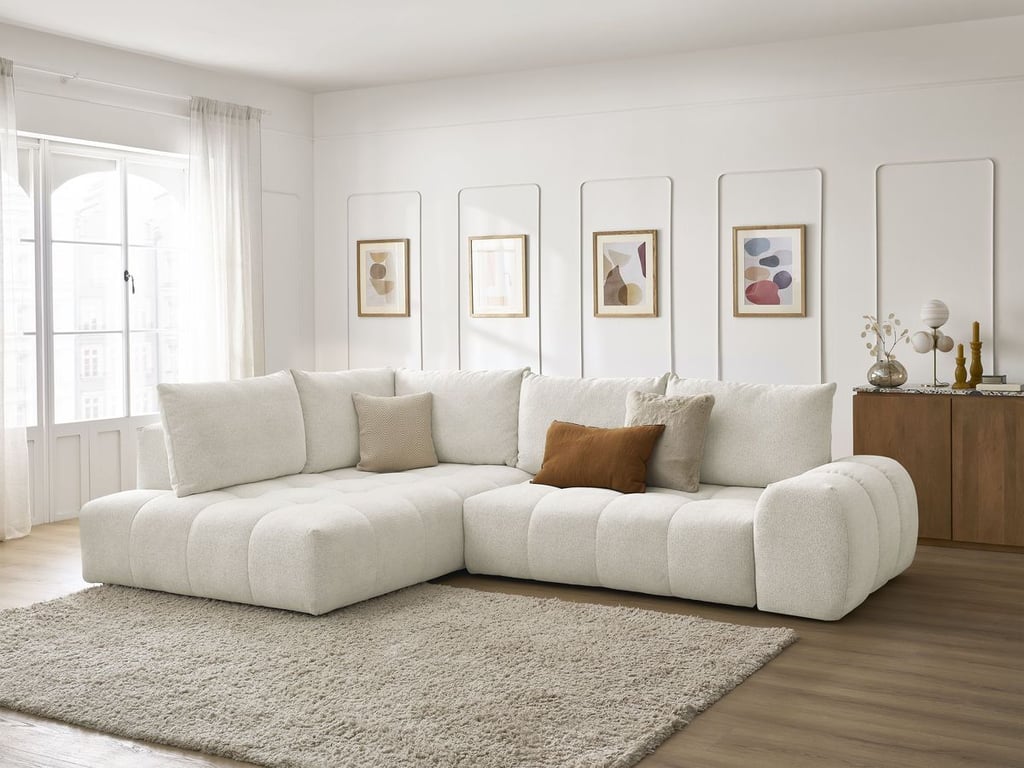 Produit similaire: Canapé d'angle L convertible coffre EVEREST tissu chiné blanc angle gauche BOBOCHIC 3 places