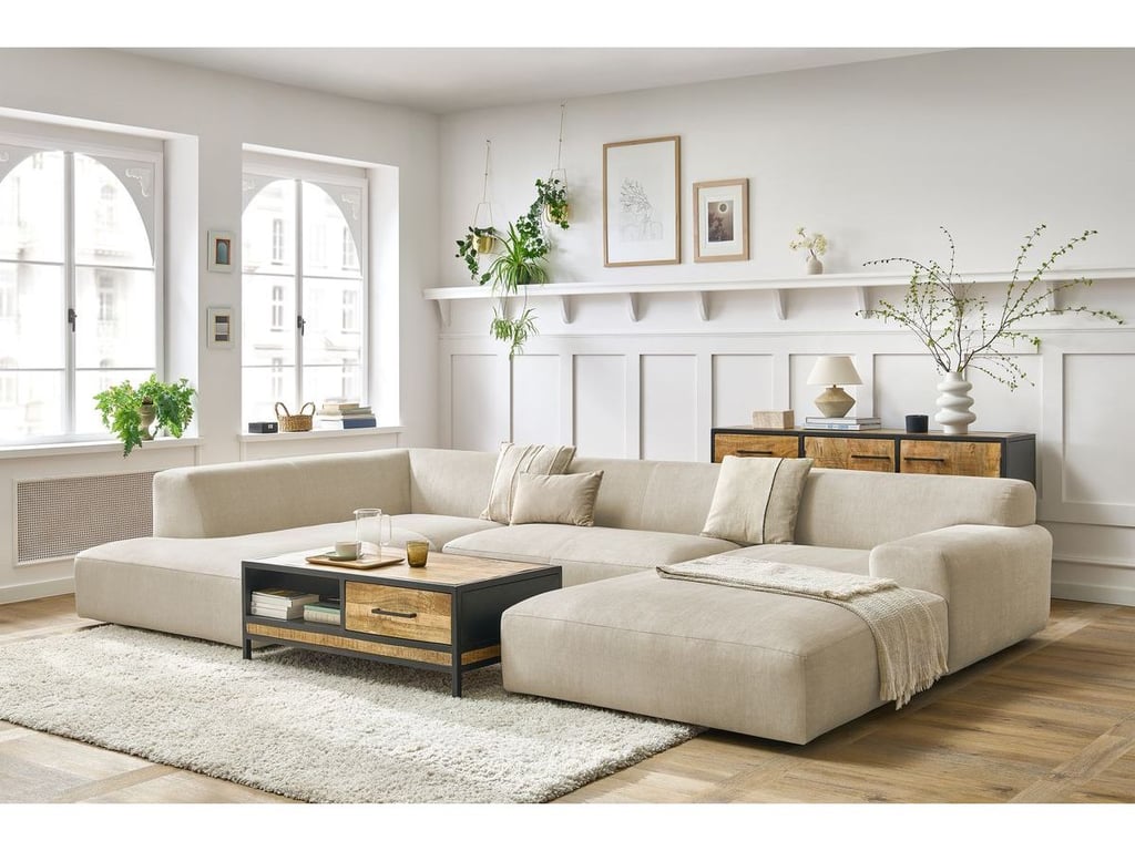 Produit similaire: Canapé panoramique fixe compact LAVENA tissu velours beige angle droit BOBOCHIC 6 places