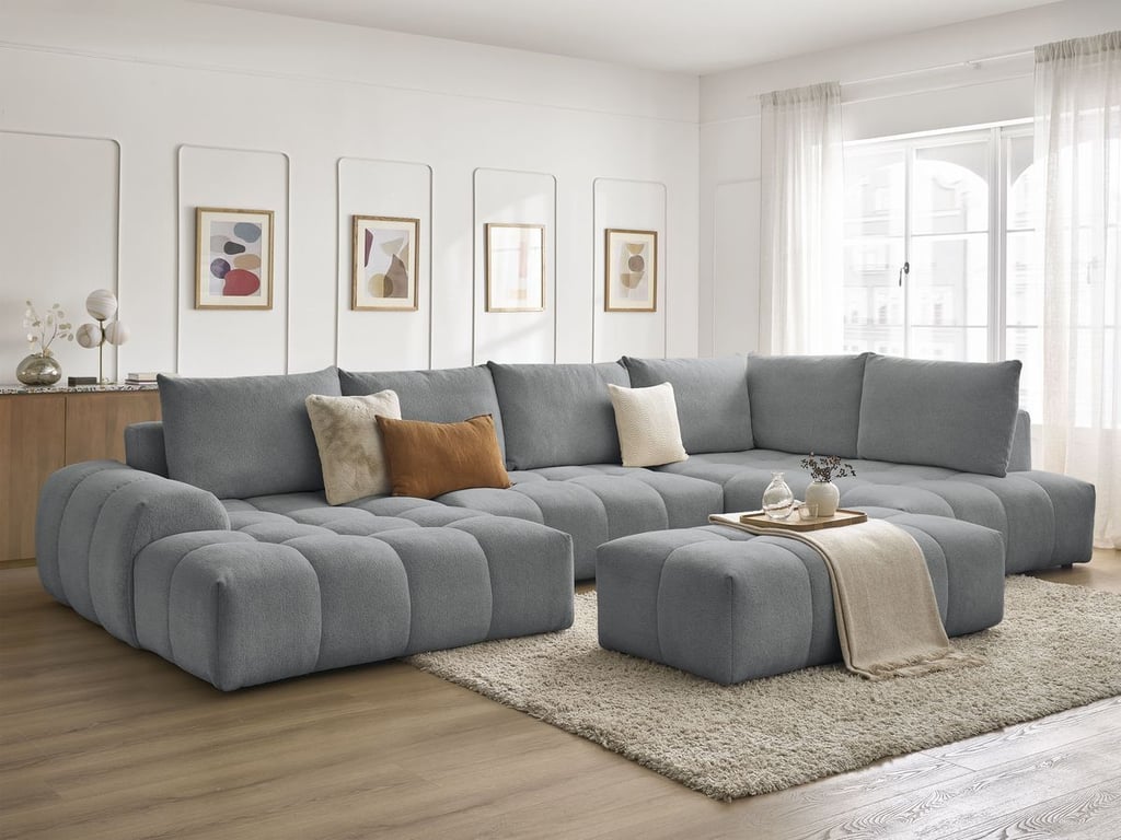 Produit similaire: Canapé panoramique convertible coffre EVEREST tissu chiné avec pouf gris foncé angle gauche BOBOCHIC 7 places