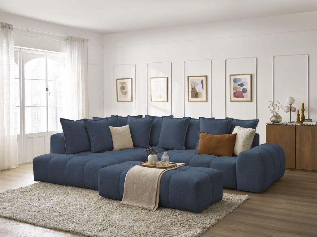 Produit similaire: Canapé d'angle L convertible coffre EVEREST tissu chiné avec pouf bleu foncé angle gauche BOBOCHIC 4 places