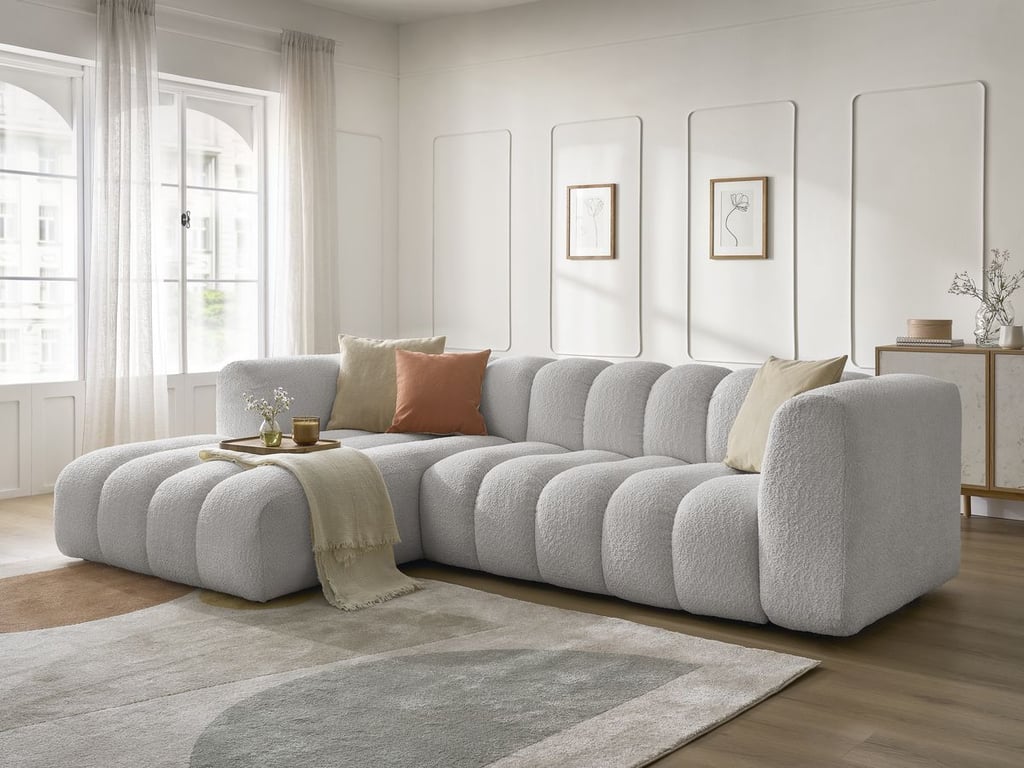 Produit similaire: Canapé d'angle fixe TALIA tissu bouclette gris clair angle gauche BOBOCHIC 4 places