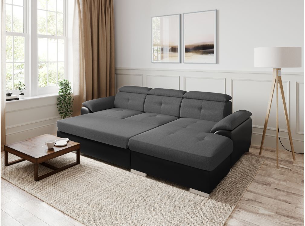 Canapé d'angle KATIA convertible avec coffre et têtières en simili et tissu - Vue supplémentaire 1