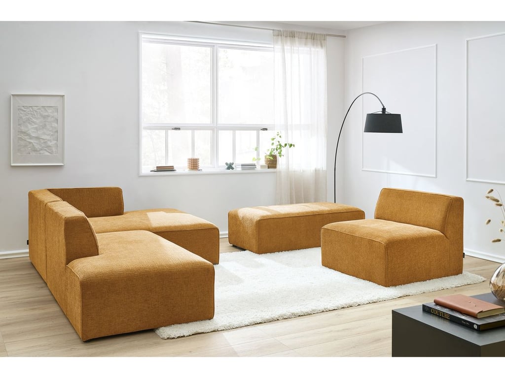 Produit similaire: Canapé d'angle fixe modulable MEGEVE tissu texturé avec 1 chauffeuse et 1 pouf jaune angle droit BOBOCHIC 6 places