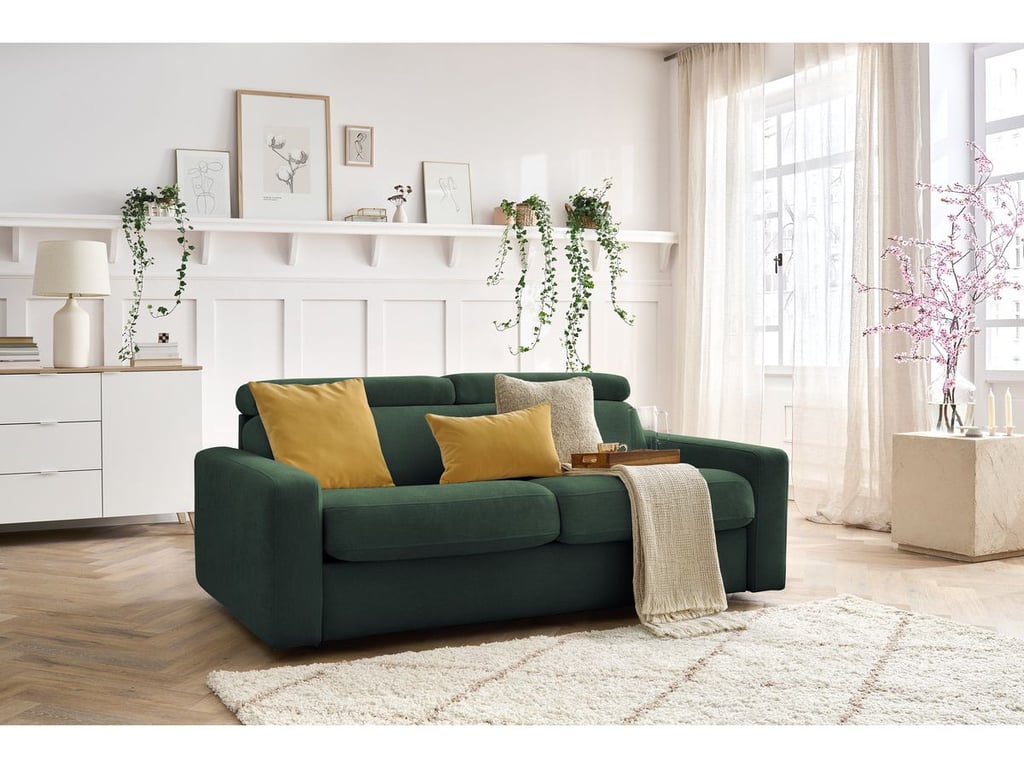 Canapé droit convertible MONACO ouverture express tissu lisse vert 140x190  BOBOCHIC 3 places