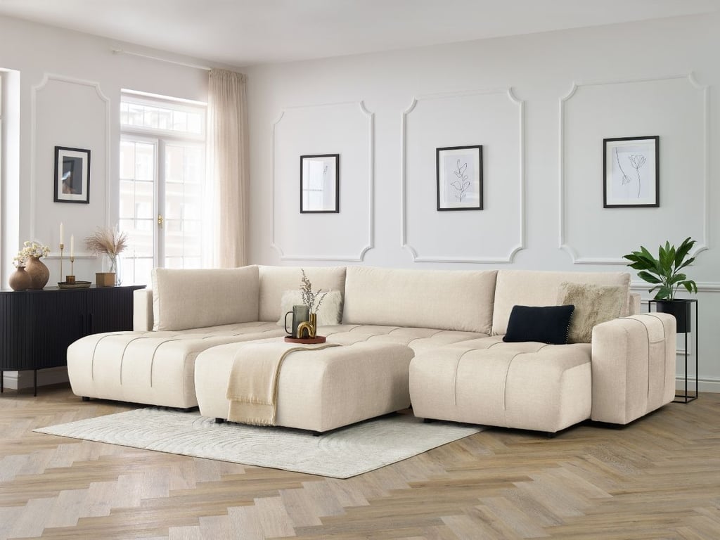 Produit similaire: Canapé panoramique convertible coffre ARSENE tissu velours avec pouf beige angle droit BOBOCHIC 6 places