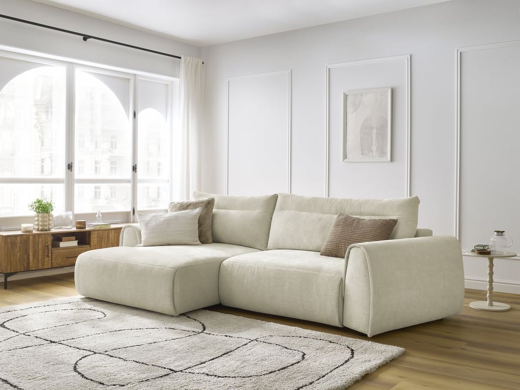 Produit similaire: Canapé d'angle incurvé fixe ADEN beige angle gauche BOBOCHIC 3 places