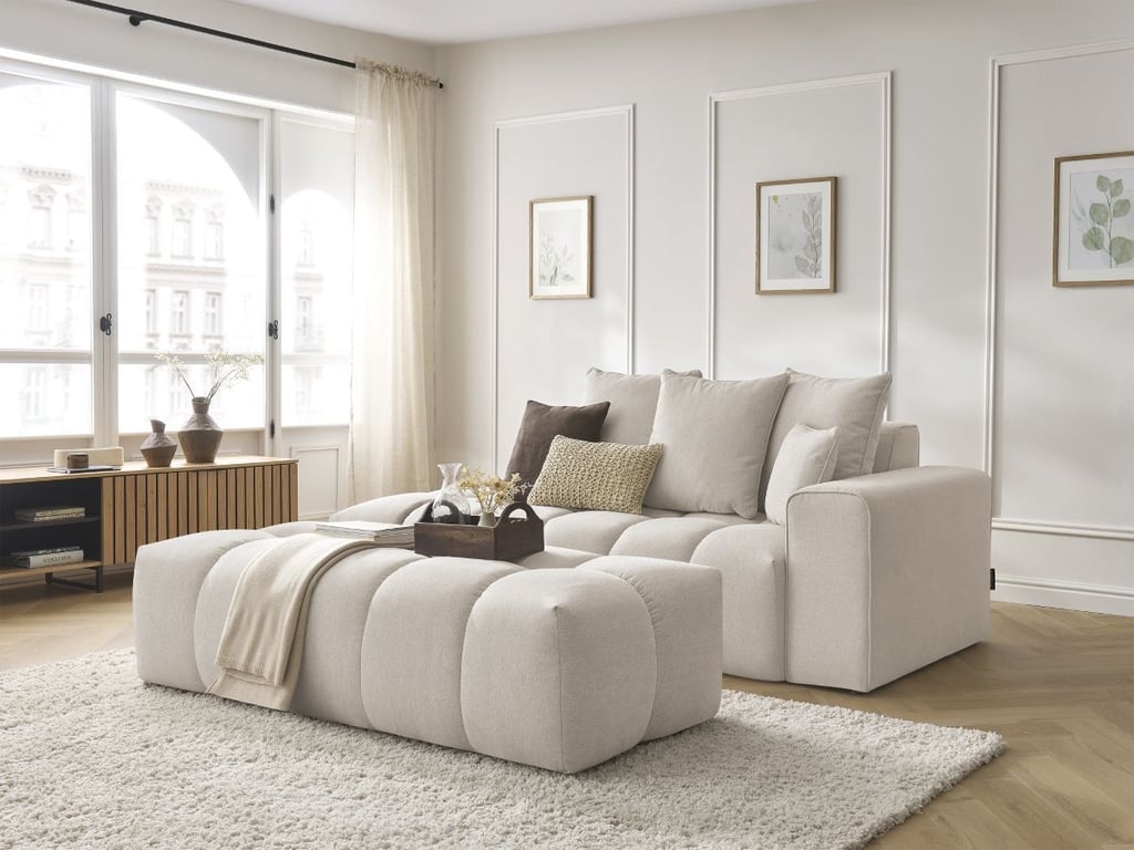 Produit similaire: Canapé droit fixe MONT-BLANC tissu chiné avec pouf beige accoudoir droit BOBOCHIC 5 places