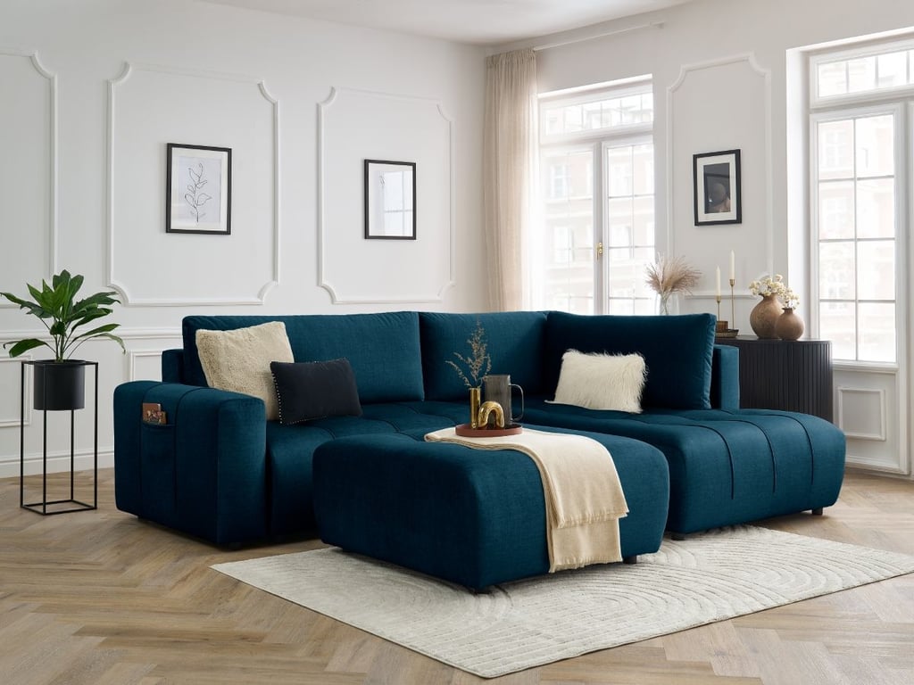 Produit similaire: Canapé d'angle L convertible coffre ARSENE tissu velours avec pouf bleu angle droit BOBOCHIC 4 places