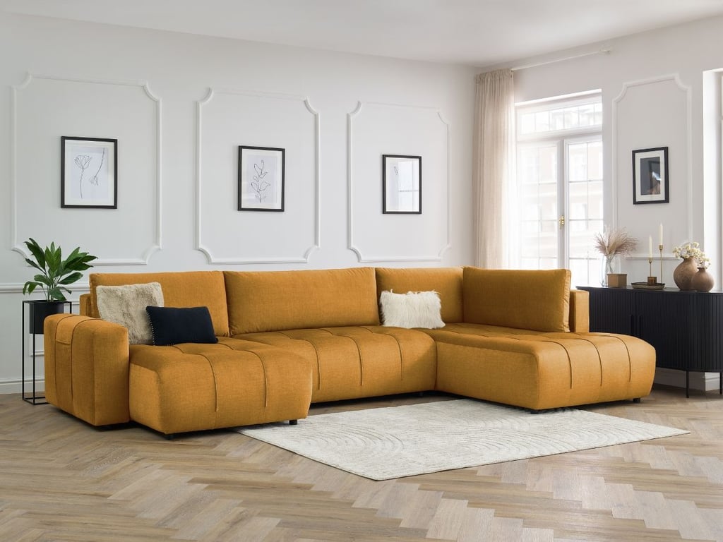 Produit similaire: Canapé panoramique convertible coffre ARSENE tissu velours jaune angle gauche BOBOCHIC 5 places