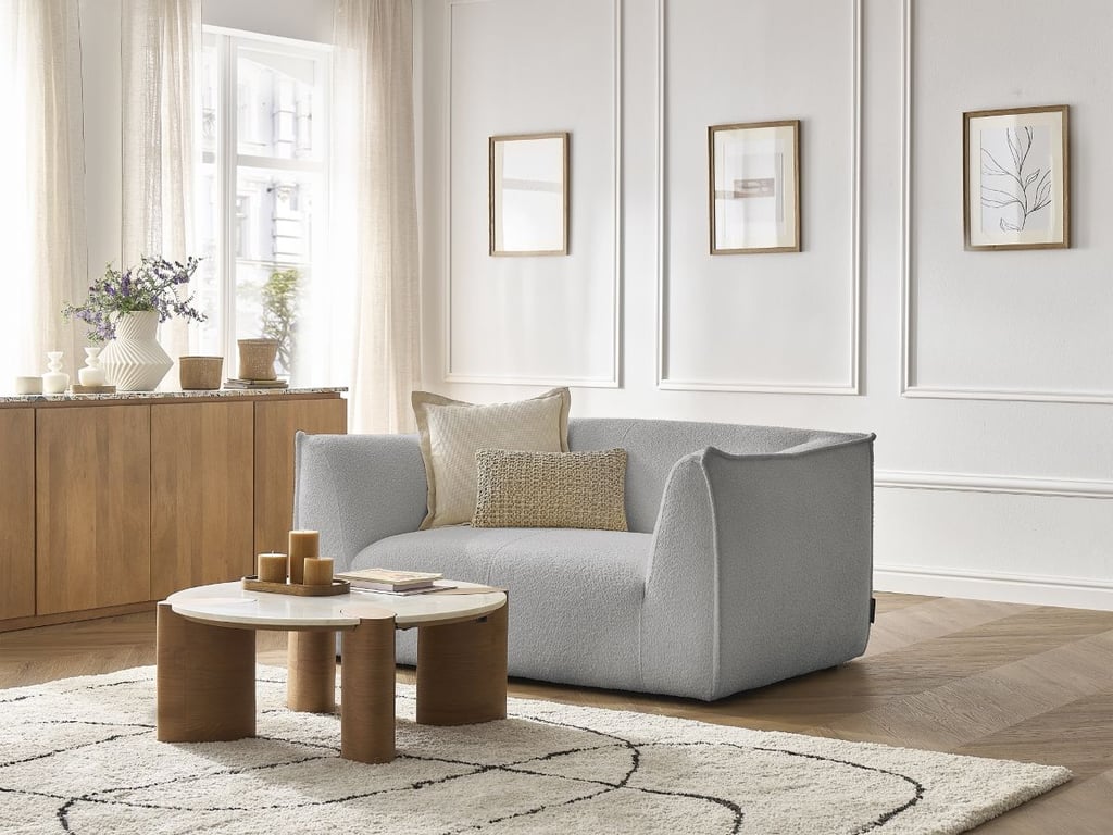 Produit similaire: Canapé droit fixe 2 places GIORGIA tissu bouclette gris clair BOBOCHIC