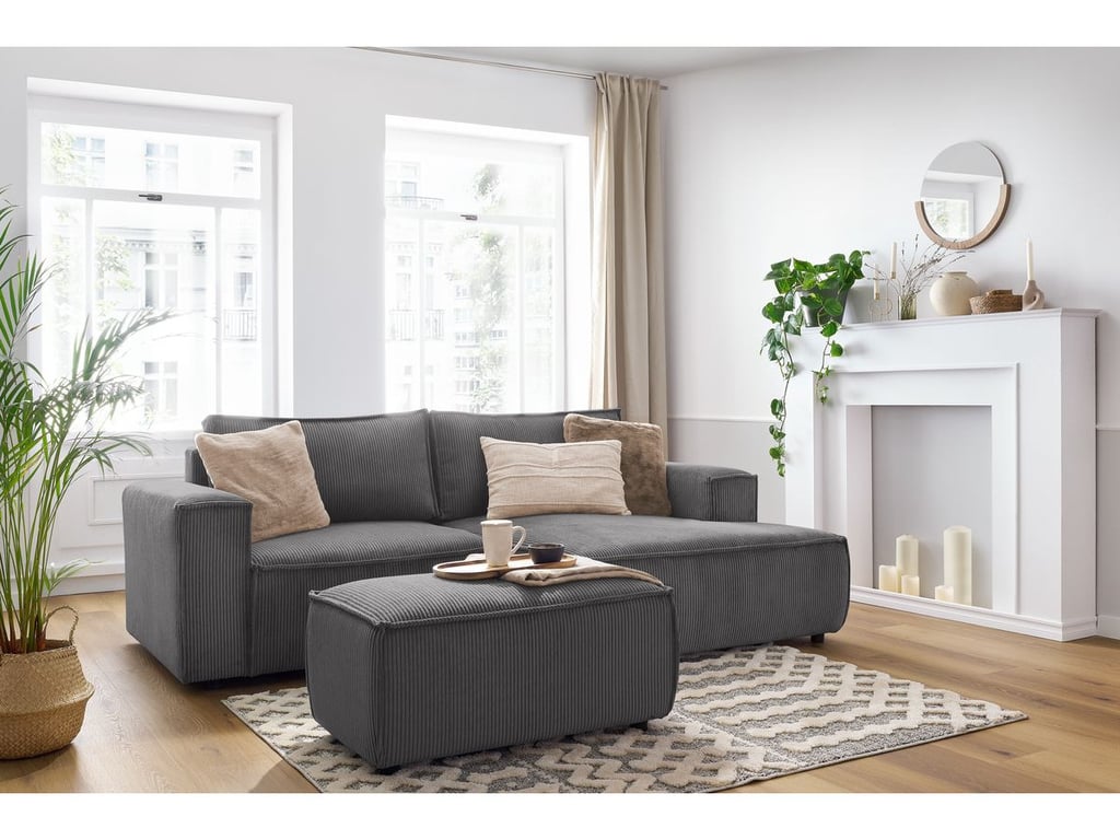 Produit similaire: Canapé d'angle fixe compact NIHAD velours côtelé avec pouf gris foncé angle droit BOBOCHIC 3 places