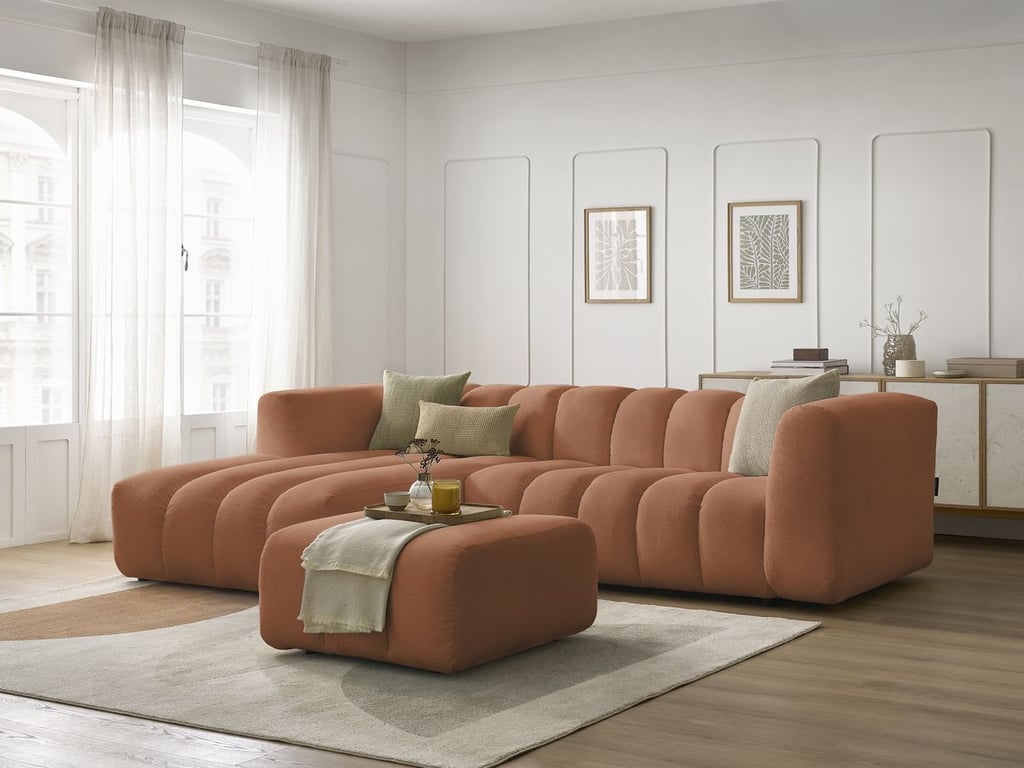 Produit similaire: Canapé d'angle fixe TALIA tissu chiné avec pouf orange angle gauche BOBOCHIC 4 places