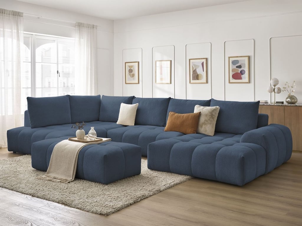 Produit similaire: Canapé panoramique convertible coffre EVEREST tissu chiné avec pouf bleu foncé angle droit BOBOCHIC 7 places