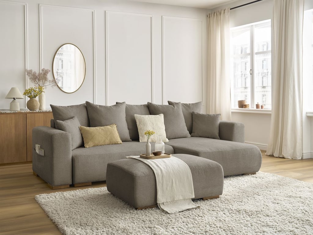 Produit similaire: Canapé d'angle convertible réversible coffre SIDONIE tissu chiné avec pouf taupe BOBOCHIC 4 places