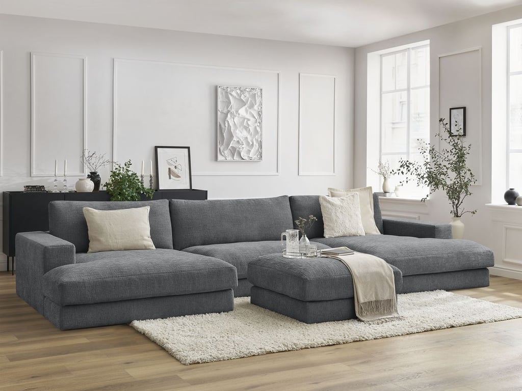 Produit similaire: Canapé panoramique fixe LEONARD tissu texturé avec pouf gris foncé BOBOCHIC 5 places
