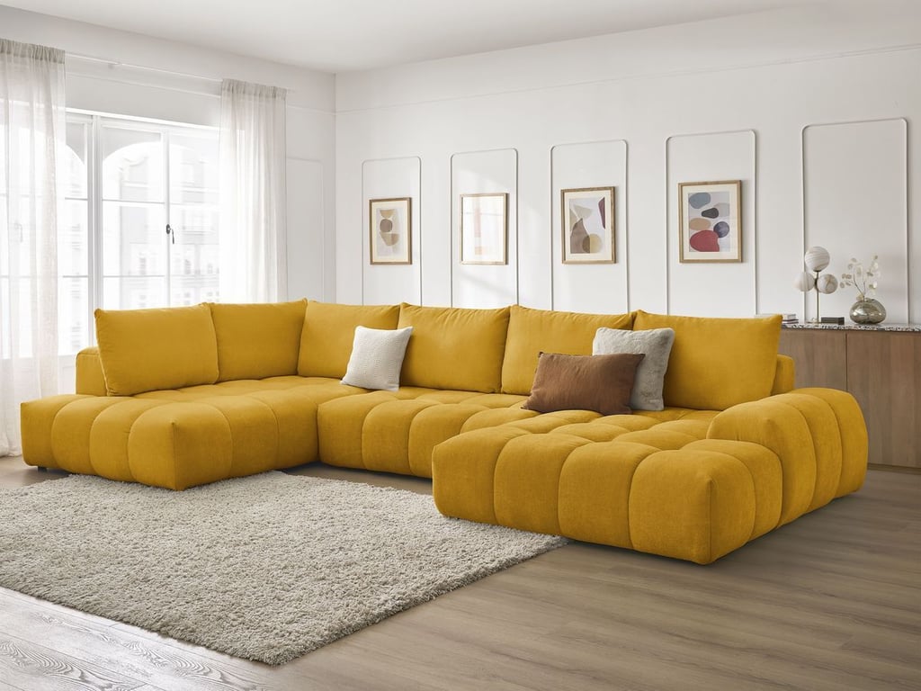 Produit similaire: Canapé panoramique convertible coffre EVEREST tissu texturé jaune angle droit BOBOCHIC 6 places