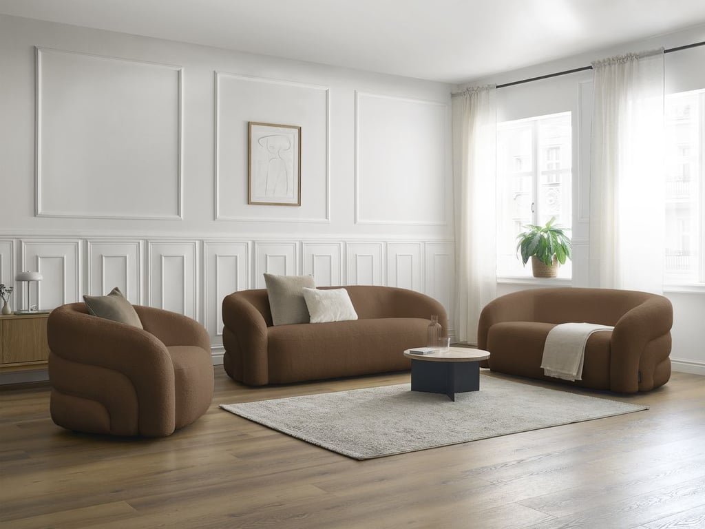 Produit similaire: Ensemble canapé droit fixe 3 + 2 places + fauteuil pivotant ELINA tissu bouclette marron BOBOCHIC