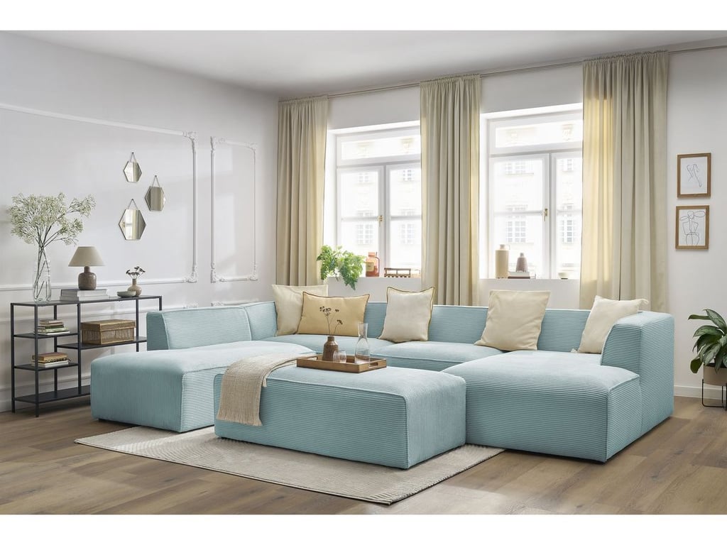 Produit similaire: Canapé panoramique fixe MEGEVE avec pouf tissu velours côtelé bleu clair angle droit BOBOCHIC 6 places