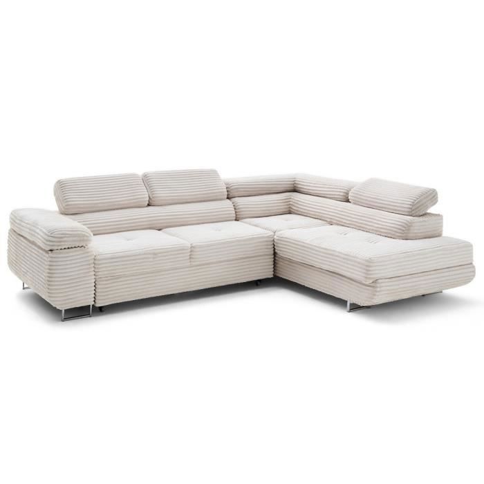 Produit similaire: Zaria - canapé d'angle droit 5 places convertible avec coffre et têtières en velours côtelé grosses côtes - Beige