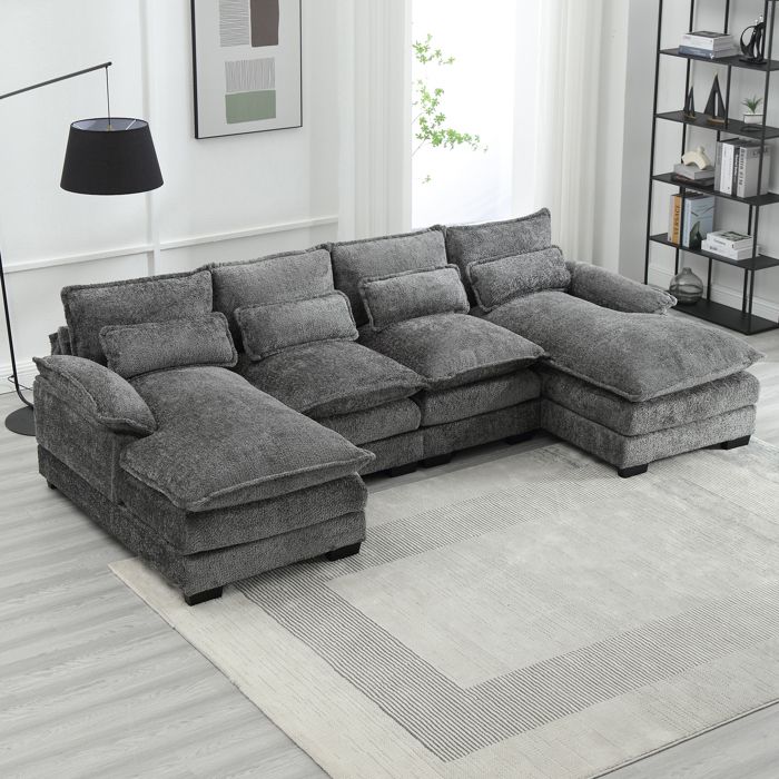 Produit similaire: Canapé d'angle 4 places, 261x134x82cm, Grand canapé en forme de U avec 4 coussins, en tissu boucle, gris