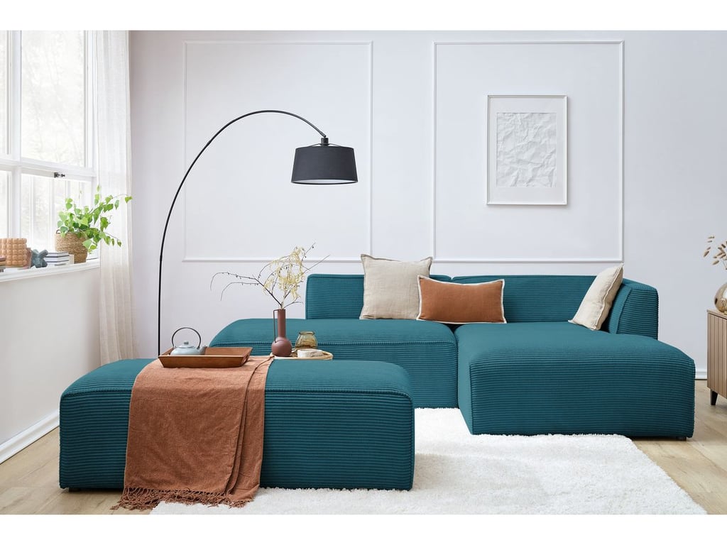 Produit similaire: Canapé d'angle fixe modulable MEGEVE tissu velours côtelé avec pouf bleu foncé angle droit BOBOCHIC 5 places