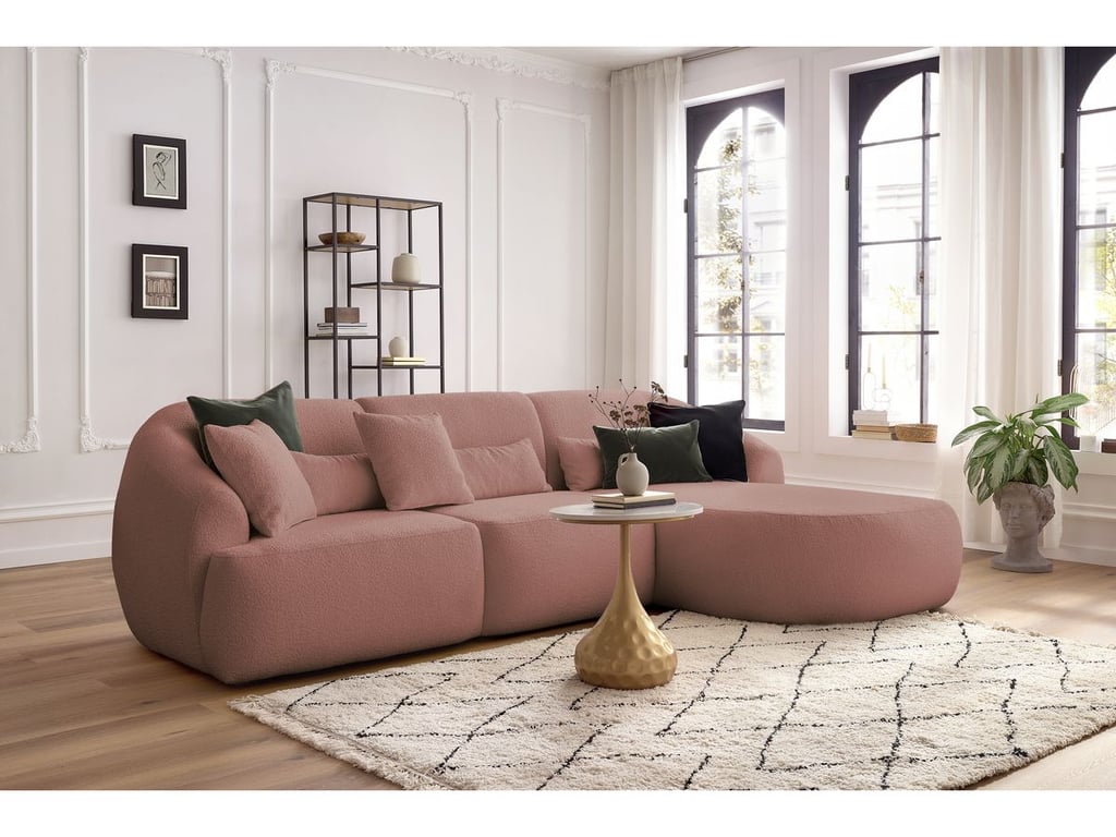 Produit similaire: Canapé d'angle fixe ALESIA tissu bouclette rose angle droit BOBOCHIC 3 places