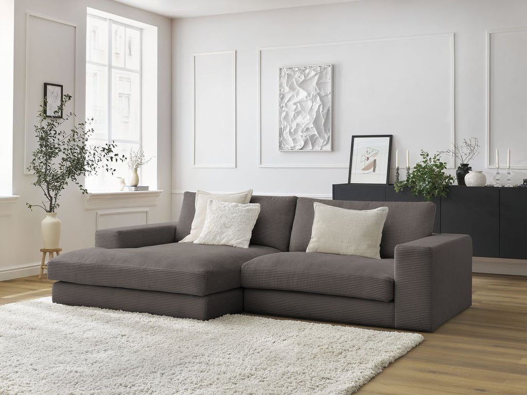 Produit similaire: Canapé d'angle fixe compact LEONARD velours côtelé marron angle gauche BOBOCHIC 4 places