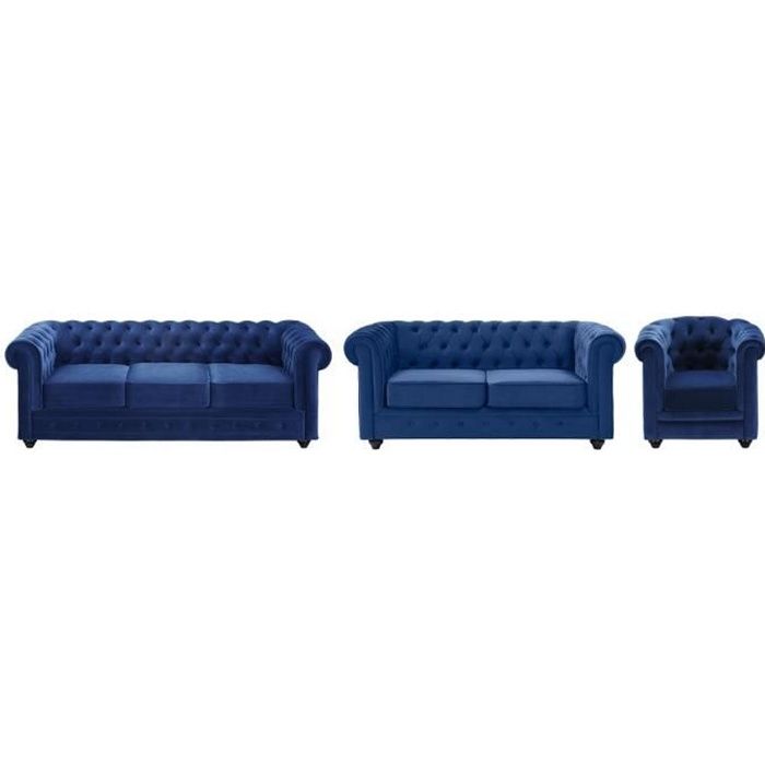Canapé CHESTERFIELD - Velours bleu roi - 3+2+1 places