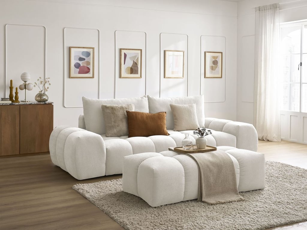 Produit similaire: Canapé droit convertible coffre EVEREST tissu texturé avec pouf blanc BOBOCHIC 3 places