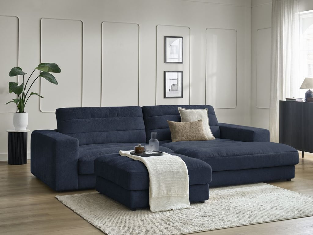 Produit similaire: Canapé d'angle fixe SIERRA tissu texturé avec pouf bleu foncé angle droit BOBOCHIC 4 places
